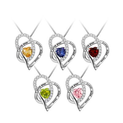 China 2022 CLASSIC Remaining Symbolic Birthstone Engraved Heart Shaped Pendant Jewelry 925 Sterling Silver Women Necklace For Bridal for sale