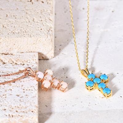 China A578P Factory Custom Made Cross Ladies Jewelry 925 Sterling Silver Gemstone Gold Plated Natural Stone Opal Pendant Women Necklace for sale