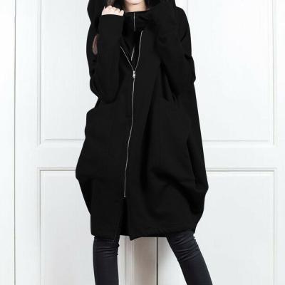 China 2021 New Fashion Pocket Hooded Zipper Loose Mid Length Coat Women for sale