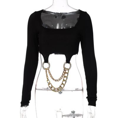 China New Fashionable Women's Long Sleeve Slim Fit Chain Square Pendant Stitching Long Sleeve T-Shirt for sale