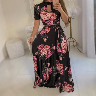 China Custom Washable 2022 Summer Fashion Tortoise Long Slim Fit Elegant Dress Long Dress Bandage Neck Adjustment Skirts Sleeve Pocket for sale