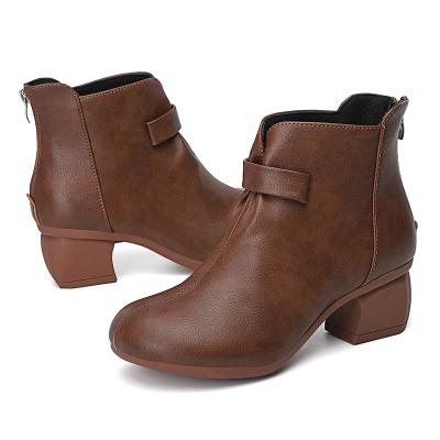 China Round Martin Boots Women's Thick Heel Boots Zipper Back Medium Heel Nude Boots for sale