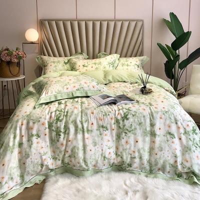 China Nondisposable Custom Printing Silky Green Lyocell Fiber Comforter Cover Sheets Flower Bedding Set Luxury for sale