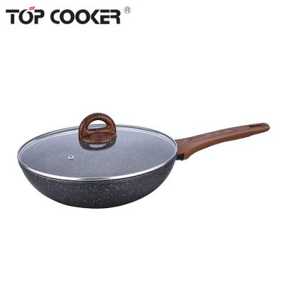 China Sustainable Aluminum Deep Marble Coating Forged Wok Pan With Lid for sale