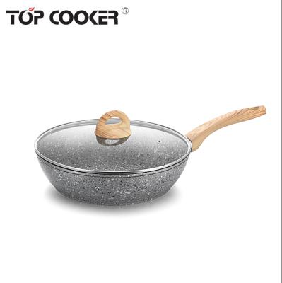 China Sustainable 28cm Forged Aluminum Deep Frying Pan With Granite Coating With Glass Lid for sale