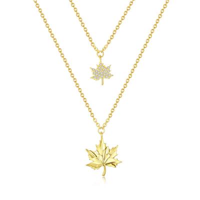 China Trendy Grace Jewelry Maple Leaf Fashion Custom Zircon Gold Plated 925 Sterling Silver Double Necklace Jewelry For Women for sale