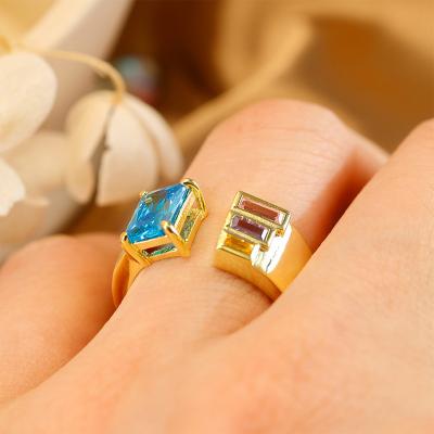 China Trendy Grace Jewelry Thick Wide Open Resizable Color Gemstone Gold Plated Jewelry 925 Sterling Silver Ring for Women for sale