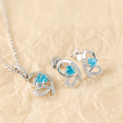 China TRENDY Grace Jewelry Young Lady Girl Butterfly Sea Blue Gemstone 925 Sterling Silver Heart Necklace and Earring Zircon Jewelry Set for sale