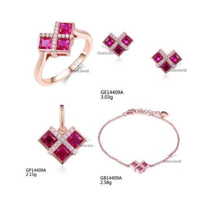 China TRENDY SET14409A Grace Jewelry Modern Unique Setting 925 Sterling Silver Heart Ruby Ring Earring Necklace Bracelet Jewelry Set for sale