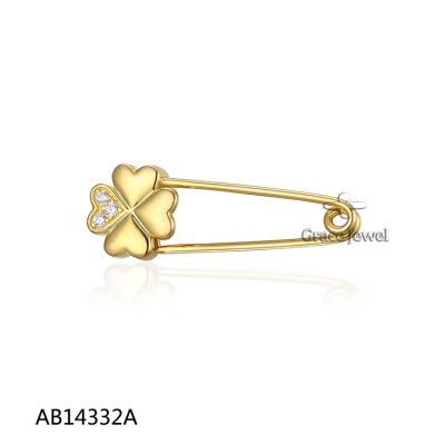 China 925 SILVER Grace Jewelry Gold Plate Custom White Zircon Four Leaf Clover Lucky Fine Jewelry Brooches Luxury Women for sale