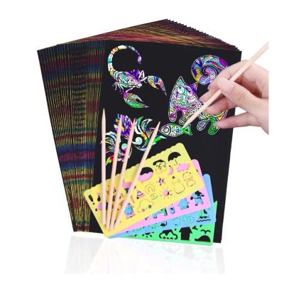 China Europe Factory Supply Kids Diy Black Scratch Off Scratch Cards Rainbow Art Paper With Stencils And Brush for sale