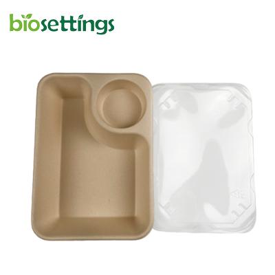 China Disposable Compostable 850ml Airline Fruit Honey Or Dressing Disposable Salad Bagasse Pulp Container With Dome Lid Salad Box for sale