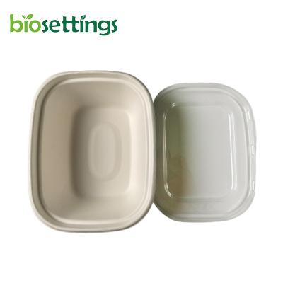 China 60oz 1800ml Rectangular PET Lid Bagasse Disposable Flat Natural Fiber Lid To Go Rectangular Container Molded Pulp Box for sale