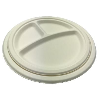 China 10 Inch 3-Compartment Disposable Restaurant Sugarcane Bagasse Biodegradable Round Plates PFAS Free Dishes PFAS for sale