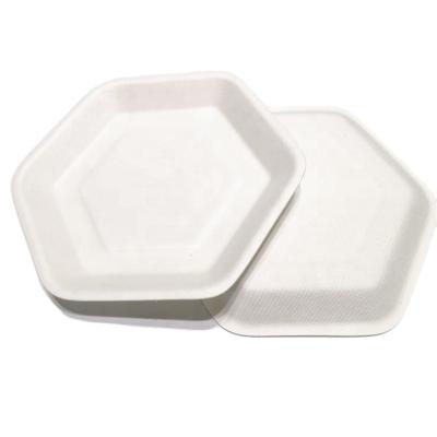 China Mini Hexagon Shape 116*11.7mm Small Dish Sugarcane Disposable Compostable Bagasse Pulp Mini Sauce Cake Dessert Tray for sale