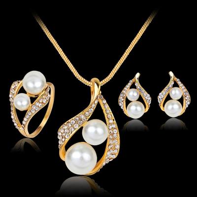 China Hiphop Fashion Pearl Bride Jewelry Set Crystal Pearl Necklace Earrings Ring Set For Women for sale