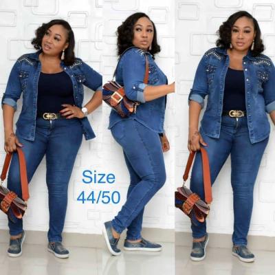 China Anti-Static Wash Denim Jacket African Pencil Pants African Women Jeans Two Piece Trouser Suits for sale