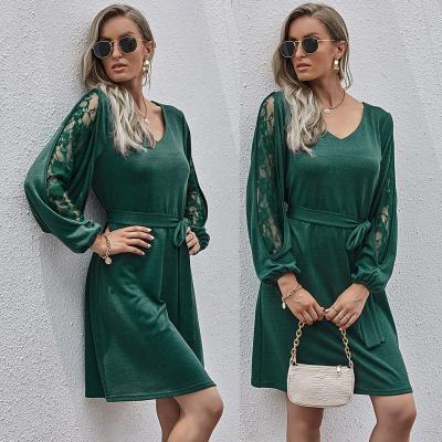 China Europe and America 2021 new anti-static designs knitted dresses long sleeve lace women quilting dresses for sale