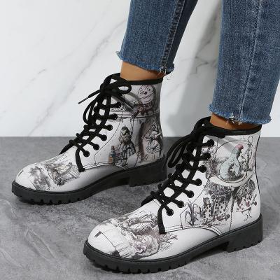 China Autumn And Winter Boots Ladies Flat High Quality Leather Women's PU 3D Digital Graffiti High Top Pattern In Stock for sale