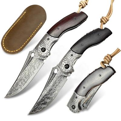 China New Grand-leaf Knife Multi Functional Red Sandalwood Handle Outdoor Pocket Knives For Men Hunting With Leather Sheath Damascus Folding Tactical Knife for sale