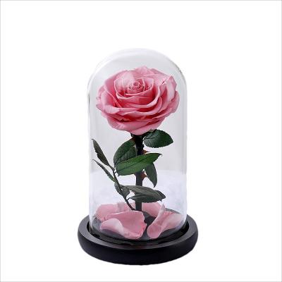 China Real Preserved Rose With LED Lasting Light Preserved Red Roses Blossom Eternal Flower In Glass Dome For Mother's Day for sale