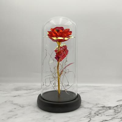 China Fashional Artificial Flowers Factory Wholesale Custom Galaxy Rose in Glass Dome Rose in Glass Dome Flower Glass Dome Led Lights Wood Base for sale