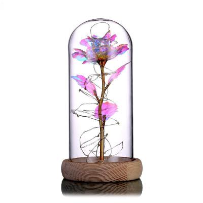 China Hot Sale Artificial Gold Foil Hand Made Rose In Glass Dome Rose Led Lamp 24k Romantic Gift for sale