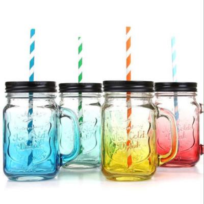 China Single Hot Sale 500ml Mason Jar Drinking Glass With Handle And Straw for sale