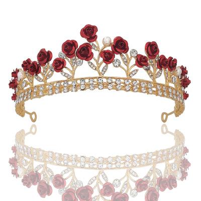 China Bridal Party Jewelry Red Rose Crystal Crown Elegant Hairband Tiara Vintage Fashionable Headwear Wedding Hair Accessories for sale