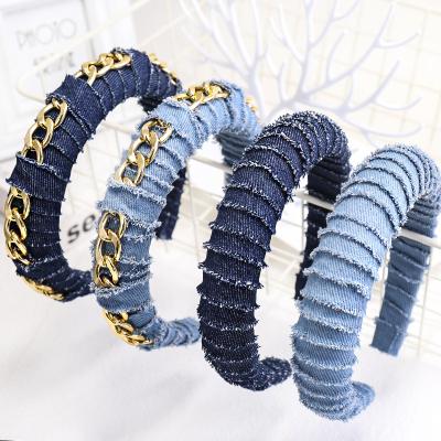 China Trendy Rhinestone Denim Padded Headband Pearl Bling Diamond Crystal Designer Hairband Hair Accessories For Women for sale