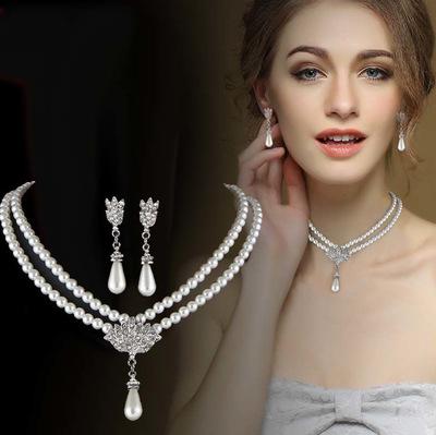 China European and American FASHIONABLE Crystal With Short Collarbone Neck pearl jewelry bride necklace set earrings Korean version temperament for sale