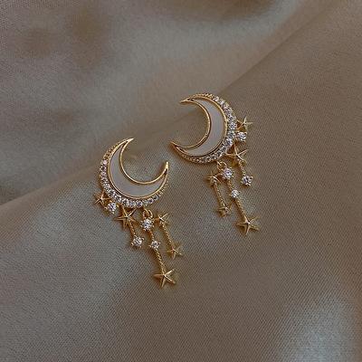 China Fashionable Wholesale Popular Crystal Rhinestone Moon Stars Dangle Drop Charm Earrings Jewelry For Women Girls for sale