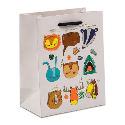 China Recyclable High Quality Special Fluorescent Ink Cute Animal Design For Kids White Cardboard Paper Bag for sale