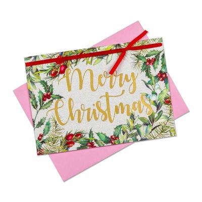 China 300gsm BH light coated board FSC certified merry christmas card sincere blessings mori card with silk bow for sale