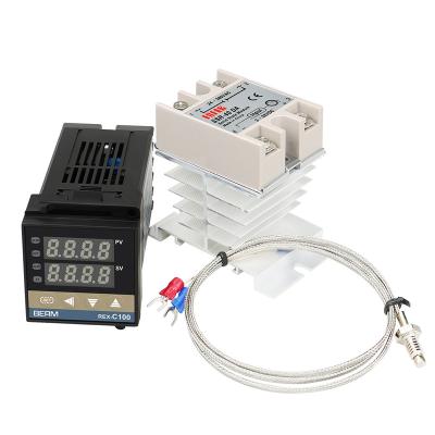 China REX-C100 + SSR -40A SSR Adjustable Digital PID Panel Thermostat Temperature Controller + K Thermocouple Probe + REX-C100 SSR Heatsink for sale