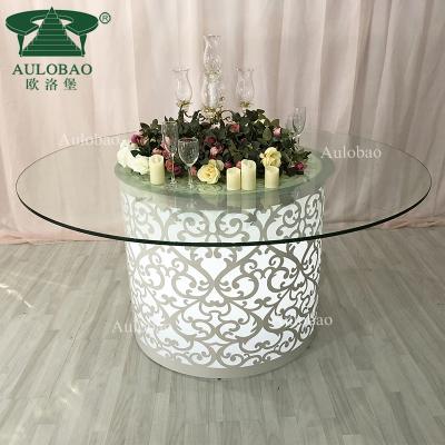 China LED Iron Metal Laser Cut Base Glass Top Wedding Table With LED Light for sale