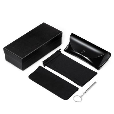 China Custom Leather Packaging PU Glass Pockets HJ Logo Black Eyewear Glass Boxes Cleaning Clothes Sunglasses Packaging Boxes for sale