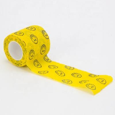 China Nonwoven+Spandex 5 cm Yellow Smiling Face Pattern Printed Elastic Cohesive Sports Bnadages for sale