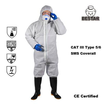 China Disposable Type 5/6 SMS White Coverall for Asbestos Removal for sale