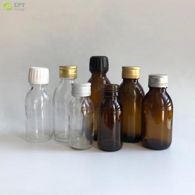 China 30/60/90/125/150/180/200/250/300/500ml Clear Pharmaceutical Amber Syrup Glass Alpha Syrup Bottle Amber Brown 28mm Aluminum White Cap for sale