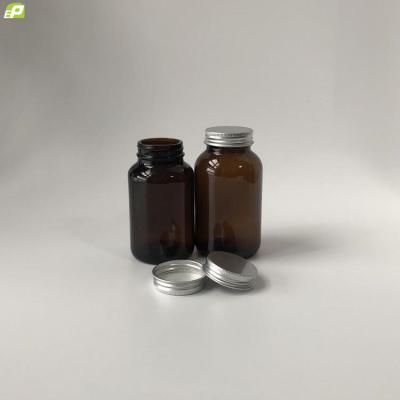 China 200ml 250ml Medicine Pill Lid Powder Vitamin Dark Amber Glass Medical Jar Bottle Silvery Black Screw Cap Container for sale