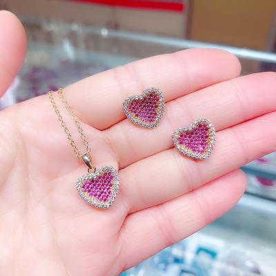 China Other love red zircon dense inlaid ear studs silver pin necklace setS925Pure ear factory direct sales for sale