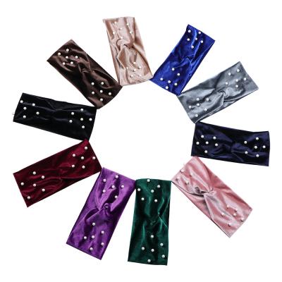 China Fashion Pearl Knitted Cross Headbands For Women Girls Hair Accessories Handmade Winter Headwear Elastic Hair Band for sale