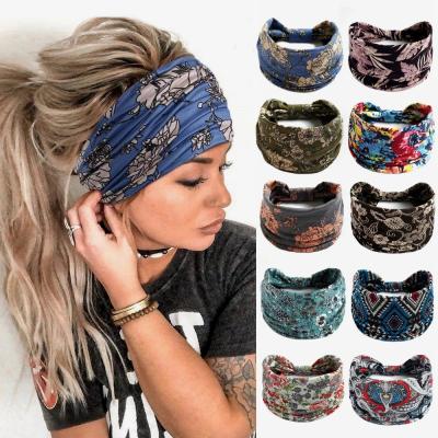 China Vintage Wide Knot Fashion Boho Flower Print Headbands Elastic Turban Headwrap For Women Girls Soft Cotton Bandana Hair Accessories for sale