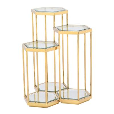 China Modern Luxury Style Combined Pedestal Glass Table OEM Stainless+Stainless Steel Hexagonal Frame Different Height Column Flower Stand Glass for sale