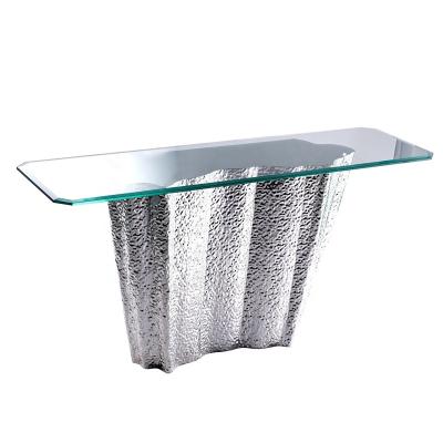 China Unique Design Irregular Shape Stainless + Glass Customized Color Stainless Steel Base Beveled Edge Glass Table Console Table For Hallway OEM for sale