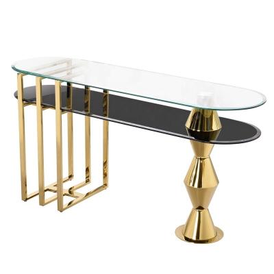 China Unique Design Luxury Stainless + Glass Console Table With Stainless Steel Frame And 2 Tier Customized Color Glass For Hallway Living Room ODM OEM for sale