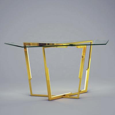 China Stainless Steel + Glass+ LED Lighting Sharp Lines Crisscross Console Table with LED Lighting Stainless Steel Base and Rectangular Table Glass for Hallway Entry for sale