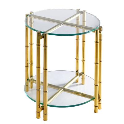 China High Quality Stainless+Glass Handcraft Round Frame 2 Tier Bamboo Stainless Steel Tube Glass Side Cross Table For Living Room Corners OEM for sale