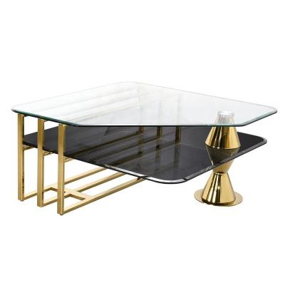 China Unique Eye-Catching Stainless + Glass Design Coffee Table With Clean Line Framed Stainless Steel And Glass 2 Tiers Table For Living Room OEM ODM for sale